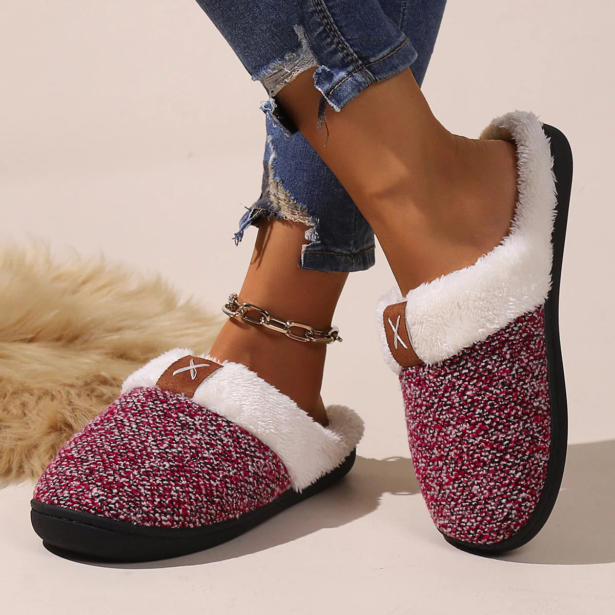 Plush Faux Fur Buckle Mule Slippers