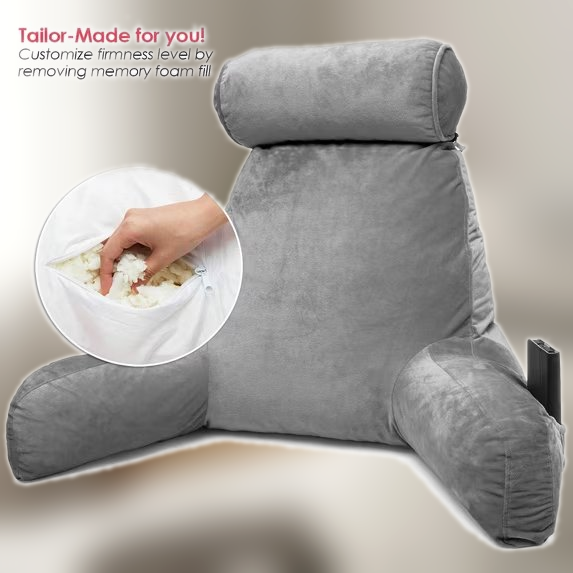 Bed Rest Reading Pillow with Arms and Pockets - Premium Shredded Memory Foam TV Pillow, Detachable Neck Roll & Lumbar Support Pillow, Large, Gray