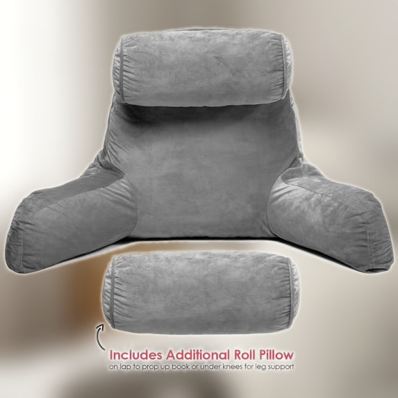 Bed Rest Reading Pillow with Arms and Pockets - Premium Shredded Memory Foam TV Pillow, Detachable Neck Roll & Lumbar Support Pillow, Large, Gray