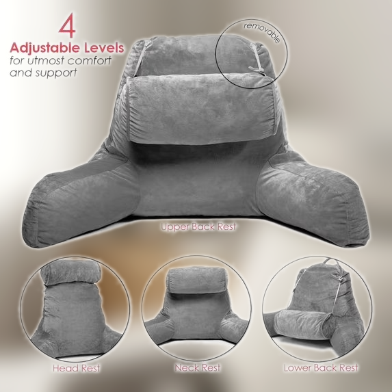 Bed Rest Reading Pillow with Arms and Pockets - Premium Shredded Memory Foam TV Pillow, Detachable Neck Roll & Lumbar Support Pillow, Large, Gray
