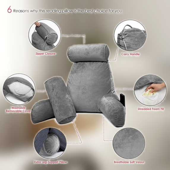 Bed Rest Reading Pillow with Arms and Pockets - Premium Shredded Memory Foam TV Pillow, Detachable Neck Roll & Lumbar Support Pillow, Large, Gray
