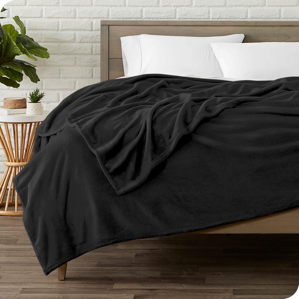 Microfiber Sheet Set with Microplush Fleece Blanket Bundle (Queen, Black)