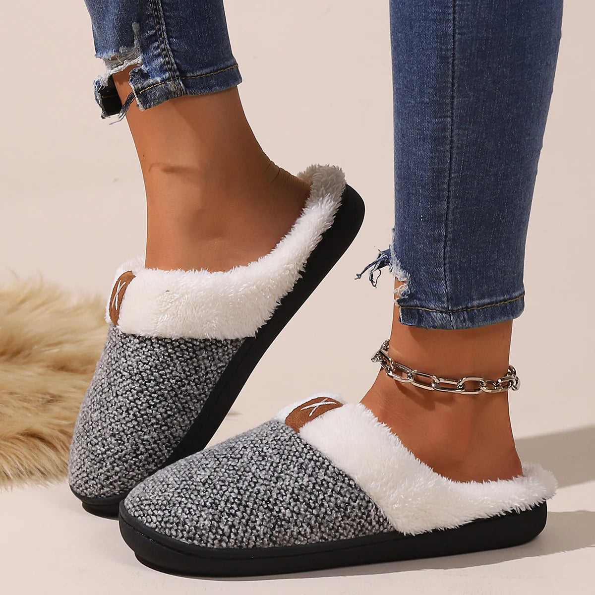 Plush Faux Fur Buckle Mule Slippers